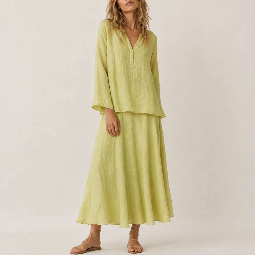 Eileen Fisher Linen Silk Maxi Skirt Set XL Chartreuse Tunic Luxury Coastal Boho